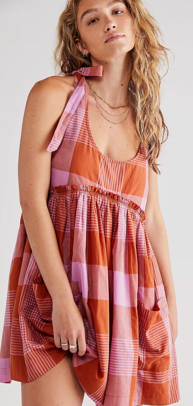 Free People Madelyn Plaid Patchwork Babydoll Mini Dress with Tie Straps XS